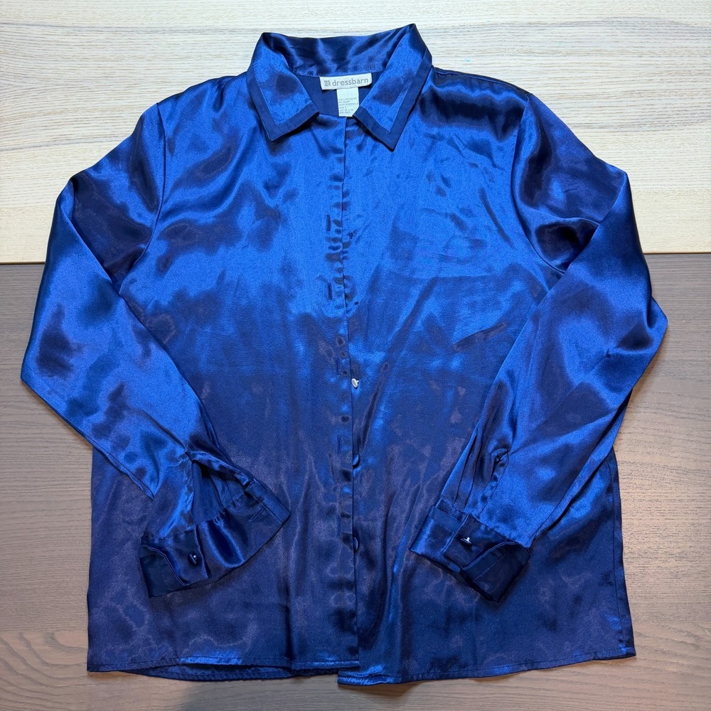 Dressbarn Blouse Women Large Blue Silky Charmeuse Top Button down